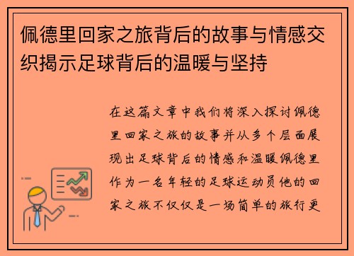 佩德里回家之旅背后的故事与情感交织揭示足球背后的温暖与坚持