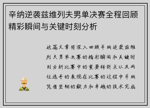 辛纳逆袭兹维列夫男单决赛全程回顾精彩瞬间与关键时刻分析